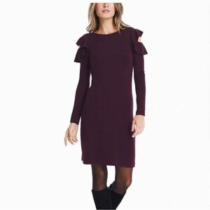 WHITE House Black Market Long Sleeve Ruffle Cold Shoulder Dress Cabernet M